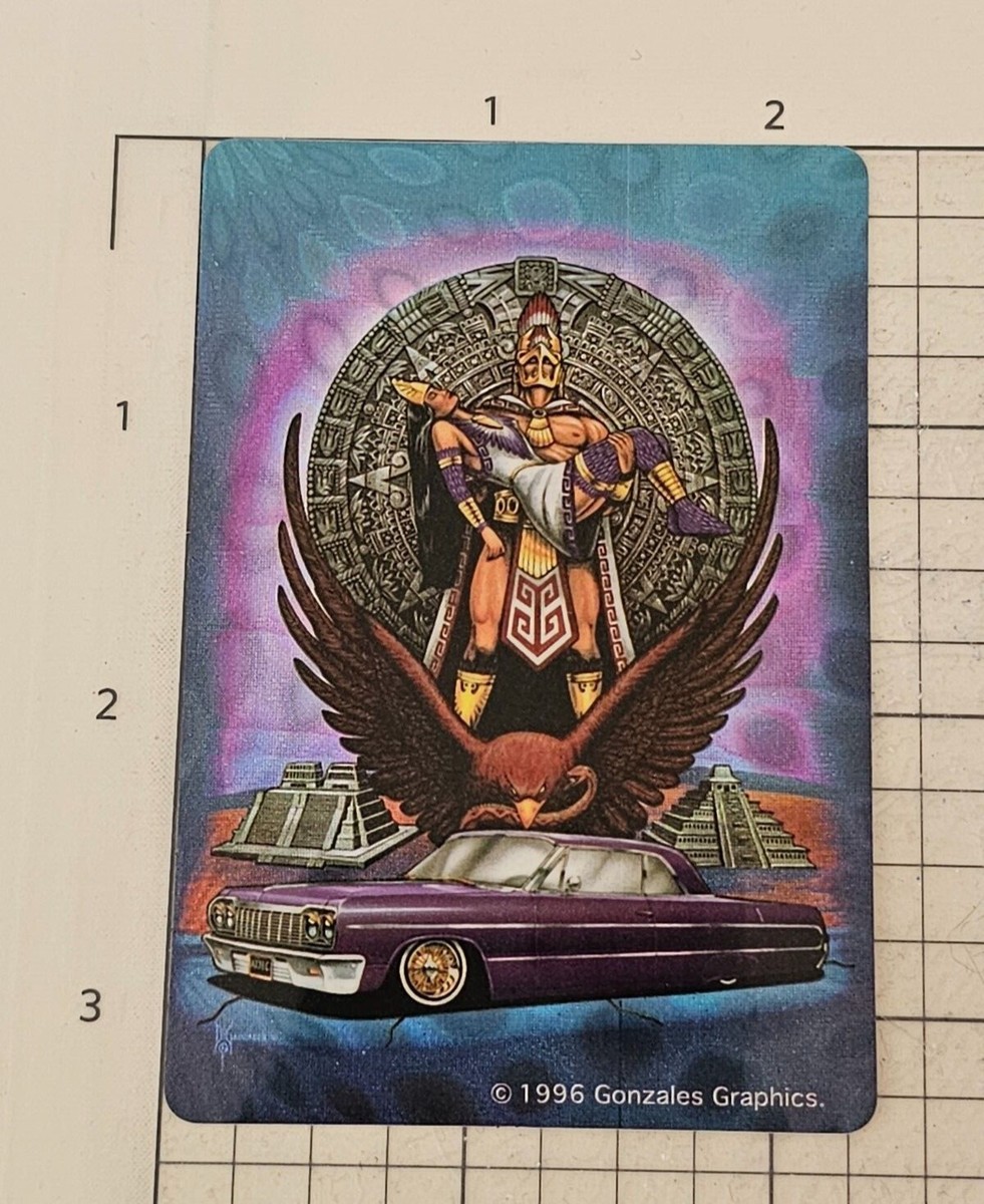 Aztec man holding a woman. Eagle and a purple lowrider sticker by