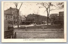 Postcard Greenfield MA A Busy Corner Trolleys