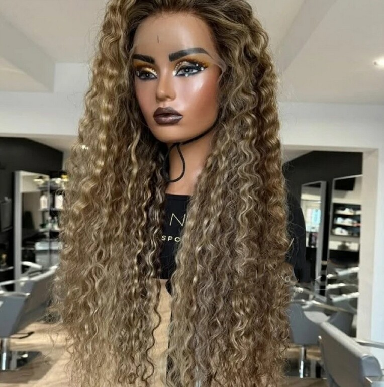 Kinky Curly Brown with Blonde Highlights Human Hair Lace  display picture 3