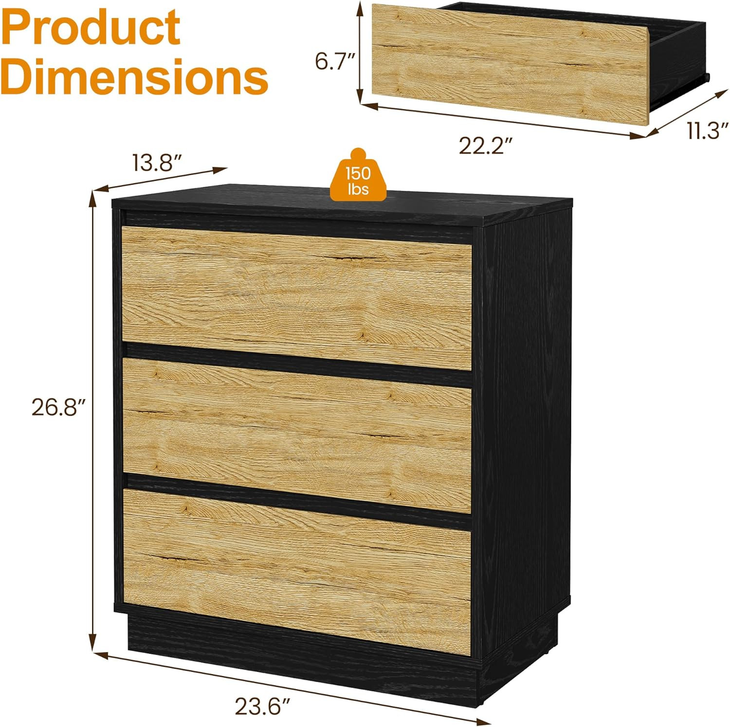 Large Nightstand for Bedroom, Tall End Table with 3 Drawers, Large Bedside Table
