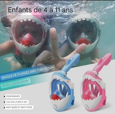 Masque de plongée Requin Enfant masque intégral anti buée Rose Bleu 4 A 11ans - Photo 1/4