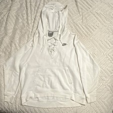 Nike Sportswear White Pullover Hoodie Women  s Small Fleece Logo Lace-Up Pocket