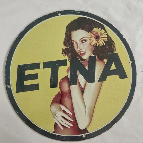 Vintage Etna Porcelain Sign Featuring Classic Pin-Up Artwork