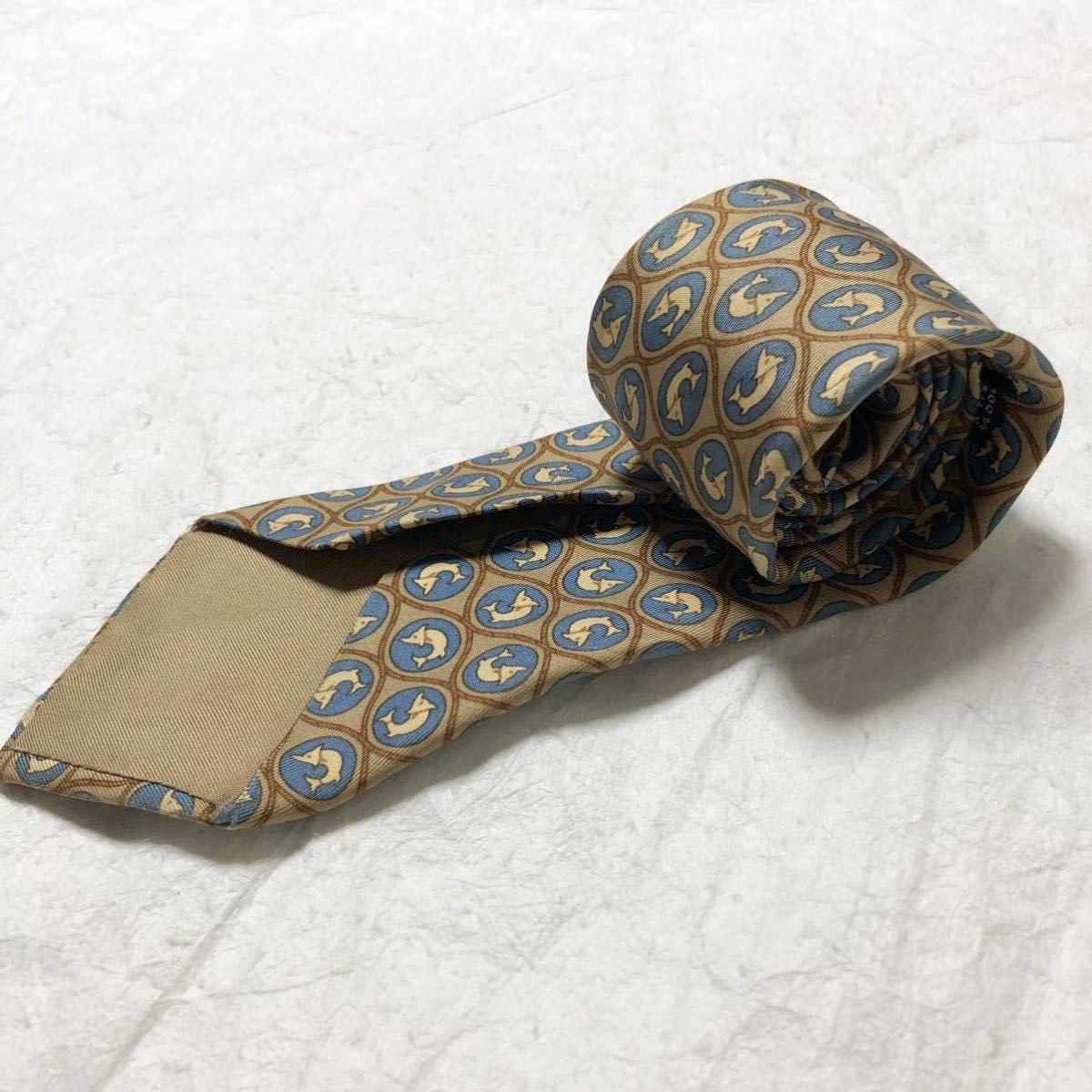 HERMES tie checkered pattern fish pattern silk be… - image 3