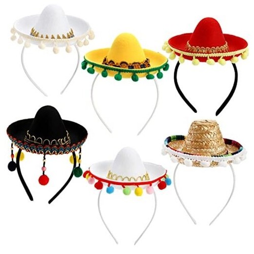 6 Pack Cinco De Mayo Sombrero Hat, Fabric and Straw Mini Mexican Hats
