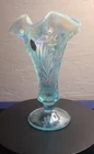 7" Fenton Art Glass Blue Opalescent Iridescent Daffodil Footed Trumpet Vase