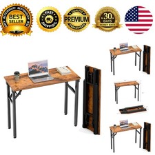 Folding Computer Desk Small 35.8 in Foldable Office Table Brown No Assembly