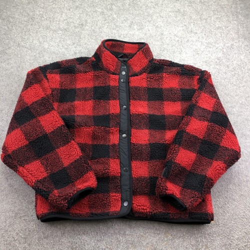 Fabletics Jacket Womens Medium Red Plaid Sherpa Fleece Snap Front Lined Warm