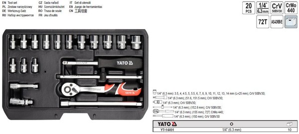 "Yato Werkzeug Satz Sortiment Werkzeugkasten Xs 1/4\" Typ2 20-Tlg YT-14491"-image