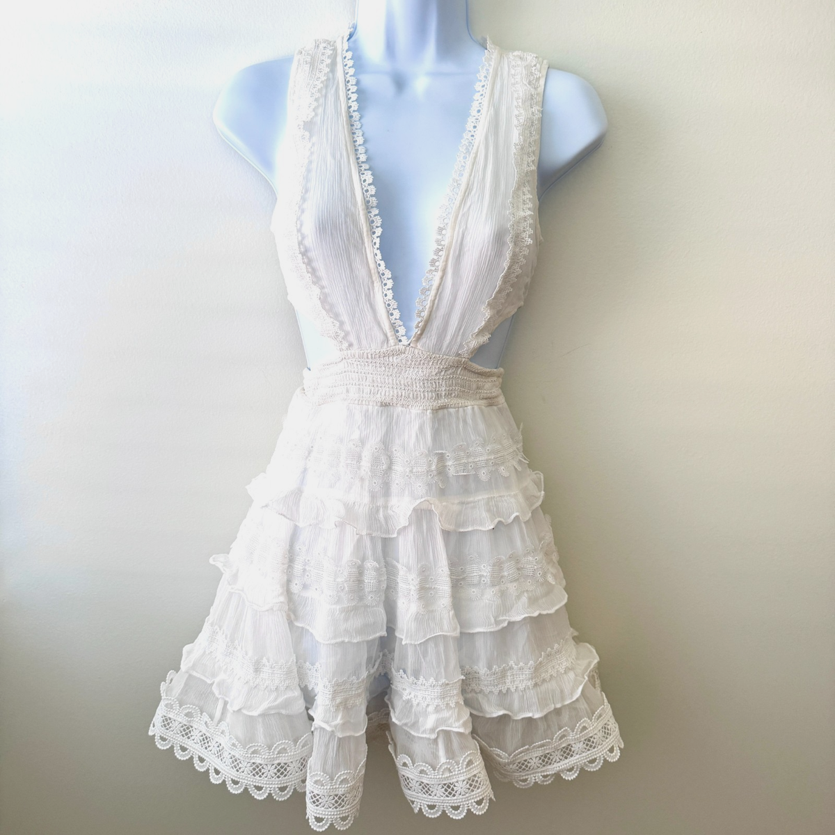 rococo sand tessa short dress e) Rococo Sand Tessa Lace Tiered Mini Dress in White NWT Size Med Retail $490