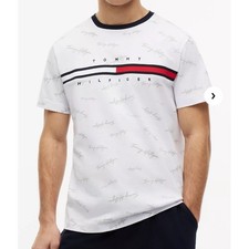 Tommy Hilfiger Mens White Signature Flag Stripe Logo All Over Print T-Shirt L