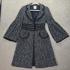 Nanette Lepore Black & White Pebble Tweed Duster Coat Bell Sleeves Wool Medium
