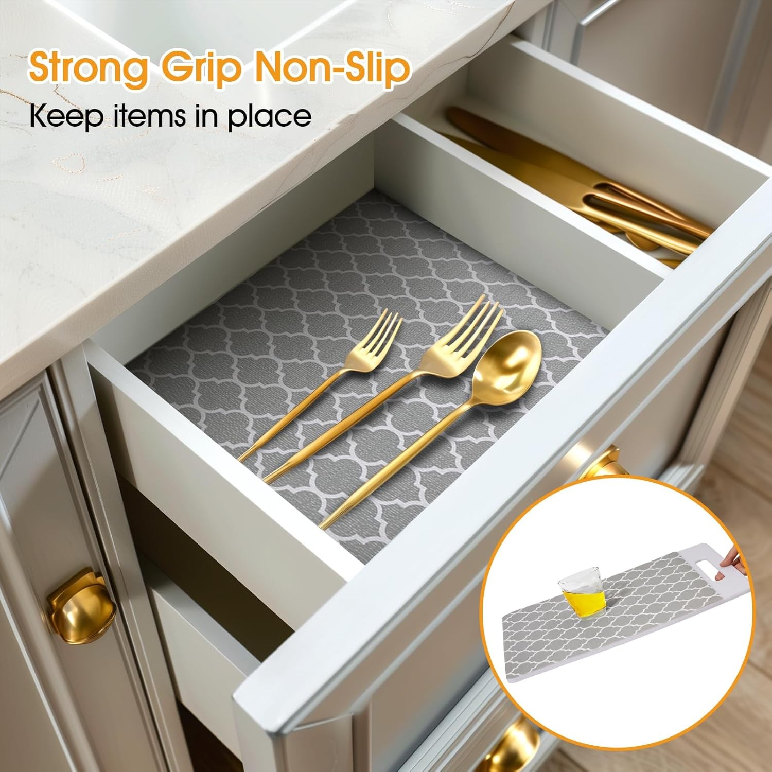 Shelf and Drawer Liner for Kitchen Cabinets Non-Adhesive, Strong Grip Non-Slip T