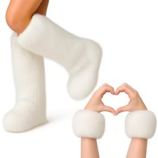 2 Pairs Faux Fur Fuzzy Leg Warmers Furry Wrist Cuffs Fluffy Boot Covers White