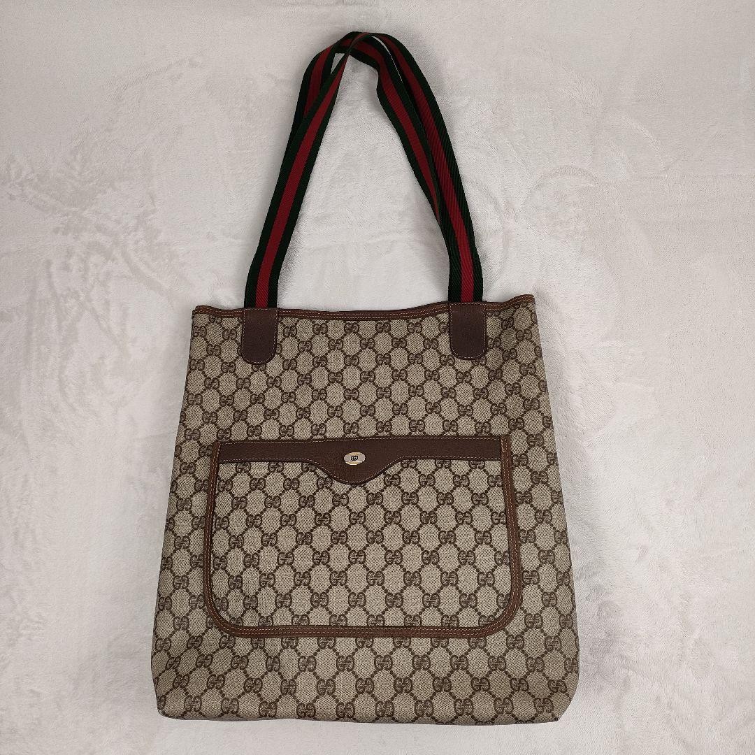 GUCCI Vintage Sherry Line Tote Bag Beige Brown PVC Leather 35cm EX thumbnail 11