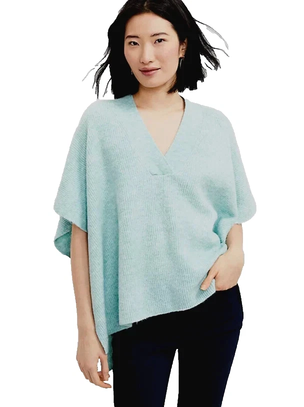 Loft Sweater Poncho Women's M/L V Neck Ribbed Oversized Seafoam Teal Soft 588546