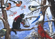 ACEO PRINT OF PAINTING RYTA CHRISTMAS BLACK CAT CARDINAL CHICKADEE NORTH BIRDS