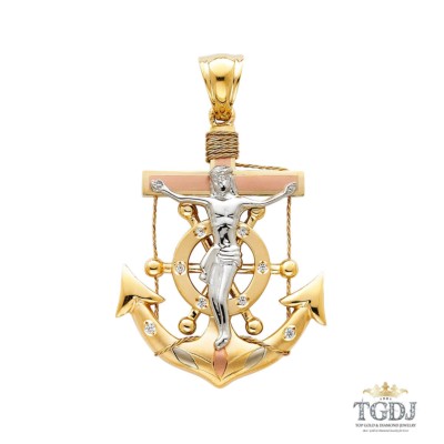  Religiöser Kruzifix Anker Anhänger, 14 Karat Gold dreifarbig, Höhe; 40 mm Breite; 32