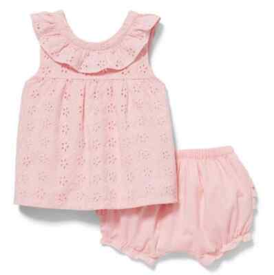 Janie And Jack Girls Crystal Rose Eyelet Ruffle Matching Set Size 0-3 Mos L98735