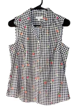 Charter Club Size 6 Black and White Checkered Sleeveless Top Button Front V-Neck