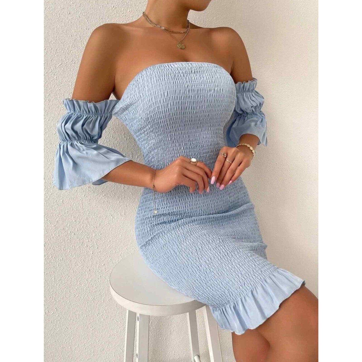 off shoulder flounce sleeve ruched dress CELESTE Off Shoulder Flounce Sleeve Ruched Mesh Bodycon Dress