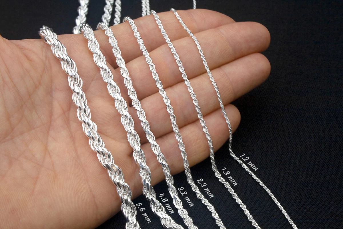 Silver Rope Chain Solid 925 Sterling Silver Diamond Cut Rope