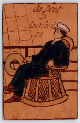 Rockford IL Sailor on Deck in High-Back Wicker Chair~Life Preserver~Leather 1906