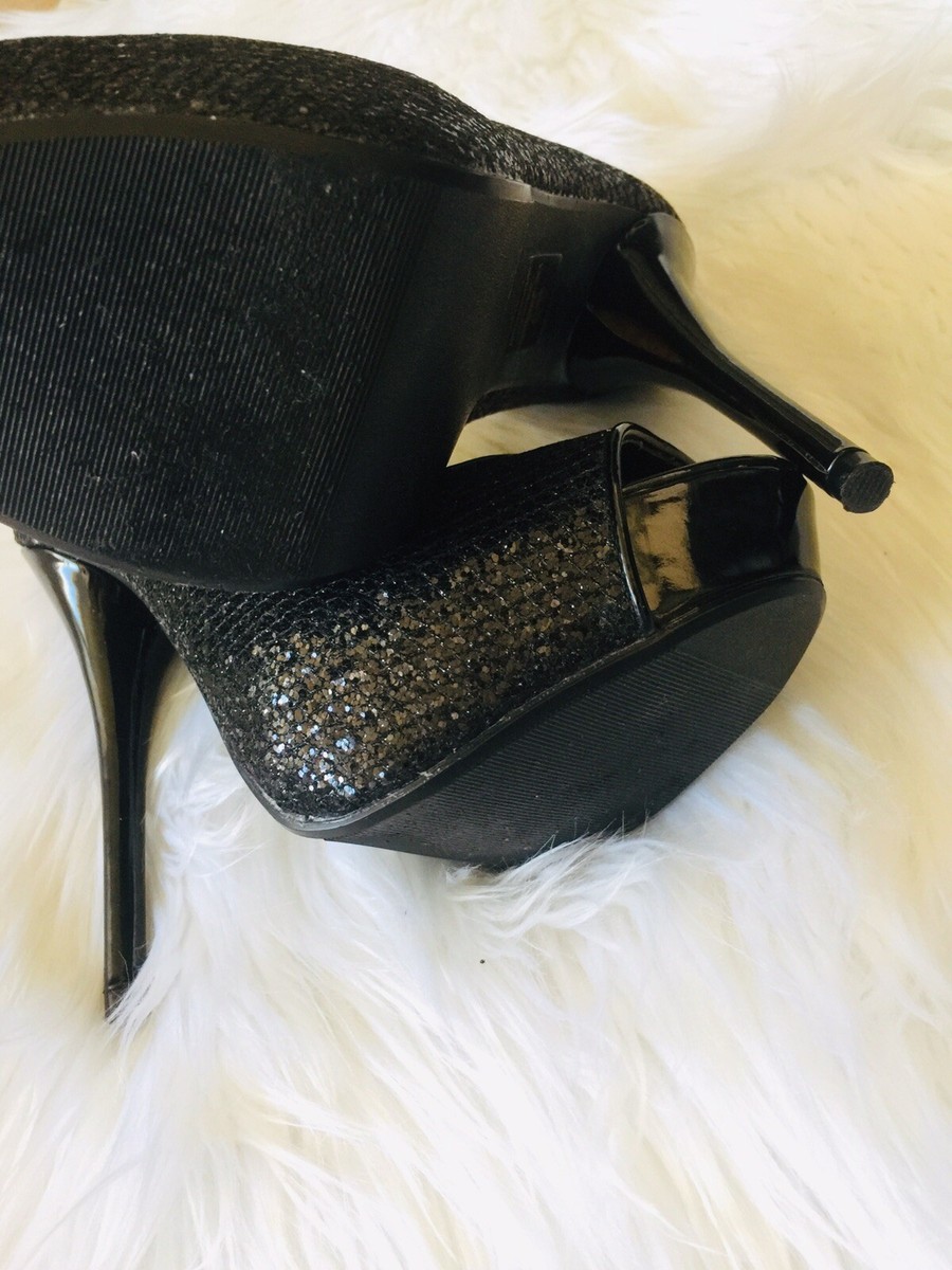 black glitter open toe heels