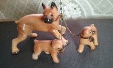 Vintage Japan Three Piece Boxer Dog With Puppies on Chain Porcelain Figurines