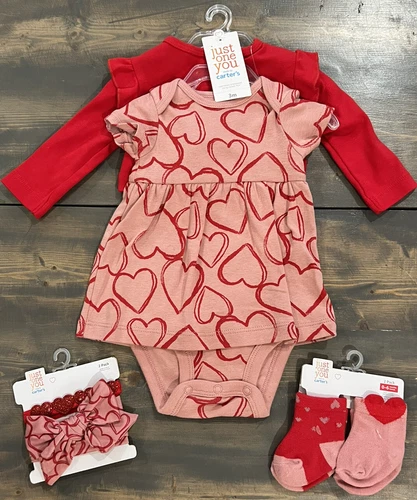 NEW Valentines Carters 3 month Dress & Cardigan 2 Pk Headbands, 2 Pk Socks 0-6 M