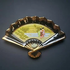 The Art Of Chokin Japan Fan Shaped Open Faced Trinket Dish Plate Gilded 24k Gold