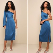 NWOT Lulus Positively Excellent Teal Blue Satin One-Shoulder Midi Dress