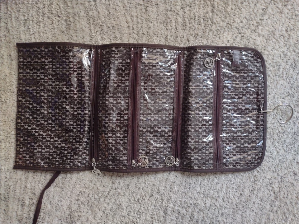 Henri Bendel pendurado organizador de viagem estojo listra vinil bolsa cosmética excelente estado usado - Imagem 2 de 4