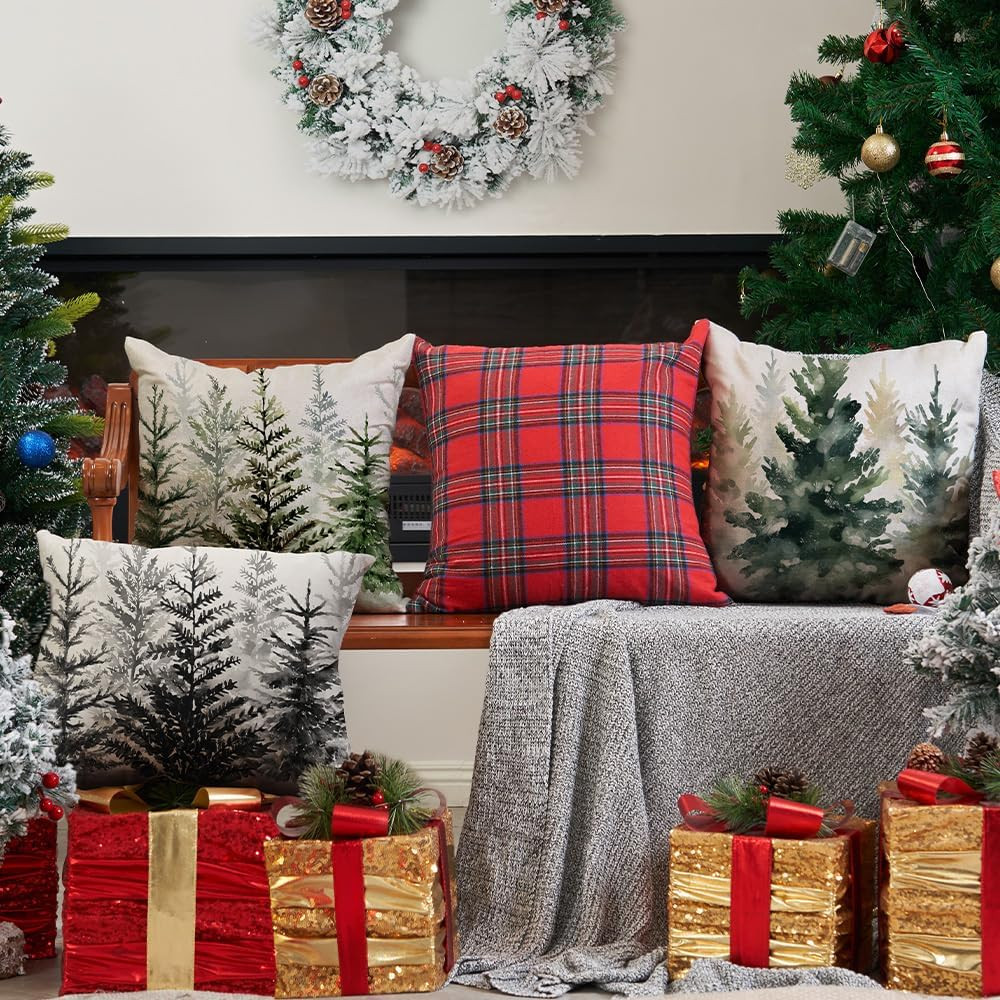 Christmas Pillow Covers 18X18 Inch Set of 2 Watercolor Blue Green Christmas Tree