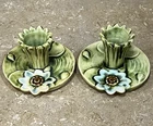 Weller Art Pottery Ardsley 1920s Candlestick Lily Pad Candle Holders W/Sticker