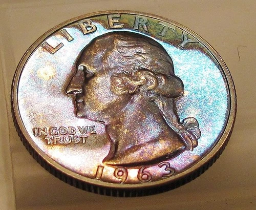 1963  Gem Proof Quarter 90% Silver MONSTER  BLUE / GOLD   TONING  #213 ~ 7