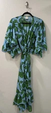 CABI Floral Wrap Dress Women’s Small Blue Green Flowy Midi Derby Event Cocktail