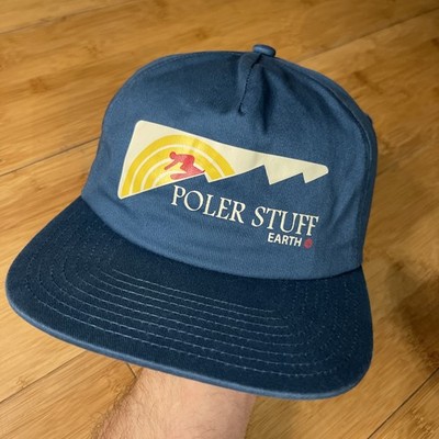 Poler Stuff Earth Camp Vibes Blue Downhill Ski Flat Brim Snapback Hat Cap Rare