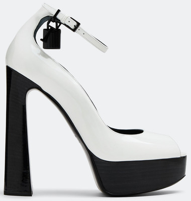 NIB Tom Ford Padlock White Patent Black Lock Platform Peep Toe Pumps 37 7 $2190