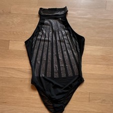 Black Silver Rhinestone One Piece Bodysuit Women's Size M Solid Pattern Stretch