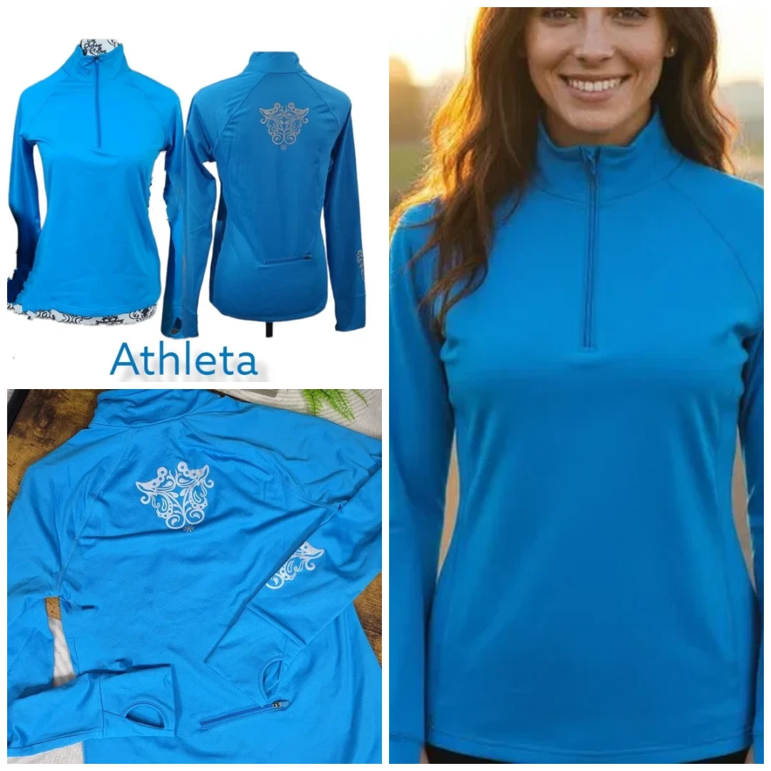 Athleta Hindsight Top M Base layer Fleece Line 1/4 Zip Pullover Mock Blue Silver