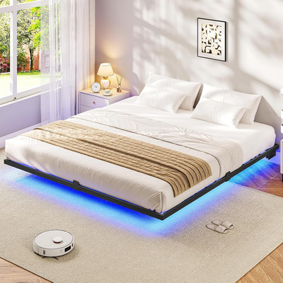 King Size Floating Bed Frame with LED Lights Charging Station Modern Metal