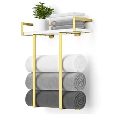 Towel Racks for Bathroom Wall Mounted, Metal Towel Holder with Wooden Shelf f...