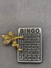 Vintage Angel Bingo Pin Brooch Gold Silver Tone Fairy Game Piece Collector Gift
