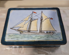 Vintage Japanese Signed Tomo (Kanji) Teal Enameled Brass Sailboat Lidded Box