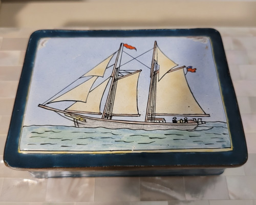 Vintage Japanese Signed Tomo (Kanji) Teal Enameled Brass Sailboat Lidded Box