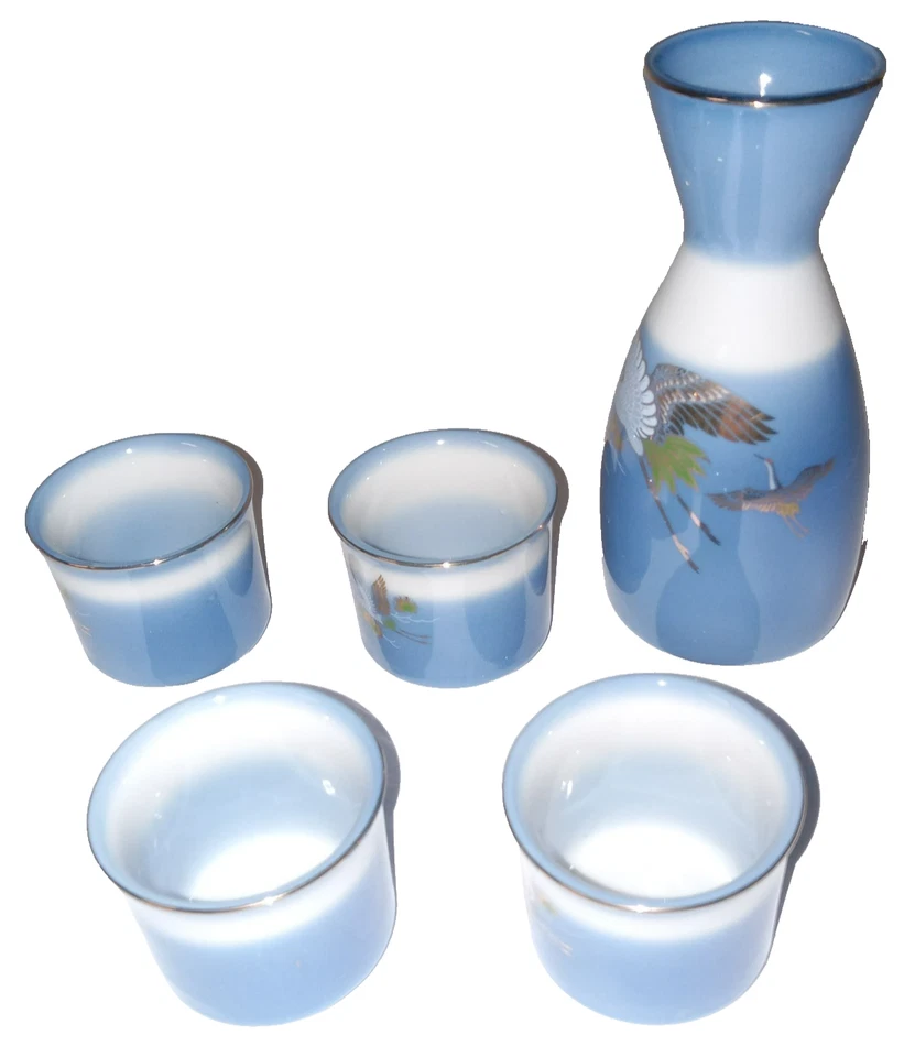 Kutani Blue & White CRANE Bonsai Porcelain SAKE Set 5 Piece Vintage Japanese - Image 3 of 4