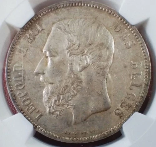 Belgium Leopold II 5-pound large silver coin: 37mm NGC AU55 1875 / 22