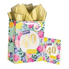 13" Large Gift Bag with Card and Tissue Paper - Floral 40th Birthday