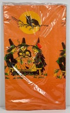 1960s Vintage Halloween Tuttle Table Cloth -3 Witches JOL Cauldron & Owls